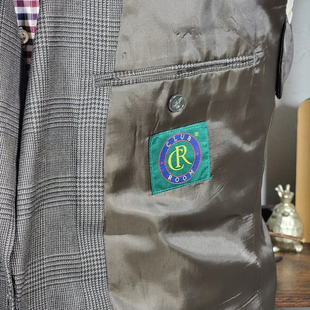 Club Room Men's Sport Coat Blazer Two Button‎ Plaid Brown Pure Wool Size 43R